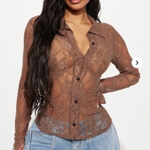 Fashion Nova Sheer Lace Brown Blouse